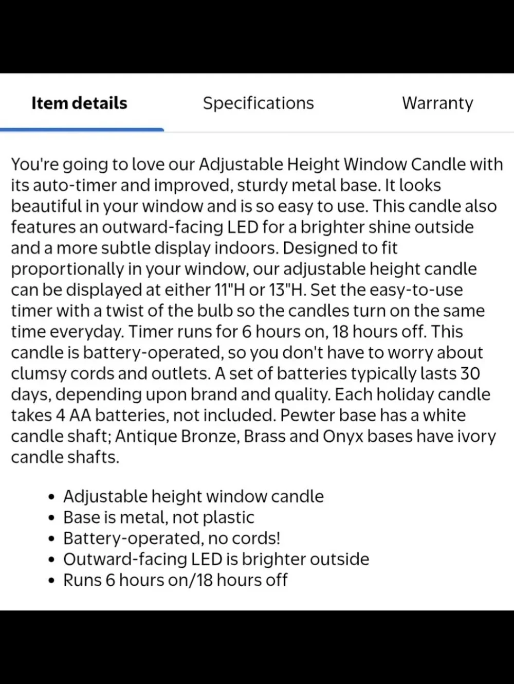 Plow & Hearth Sinlge Battery Powered Window Candle W/ Timer